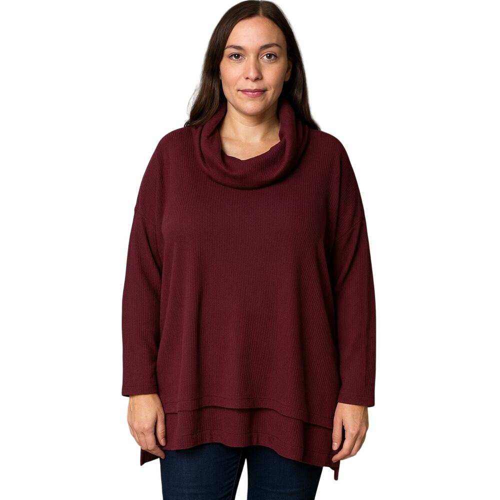 Ady P Womens Medium Oversized Tunic Sweater Maroon Cowl Neck High Low Hem NWOT